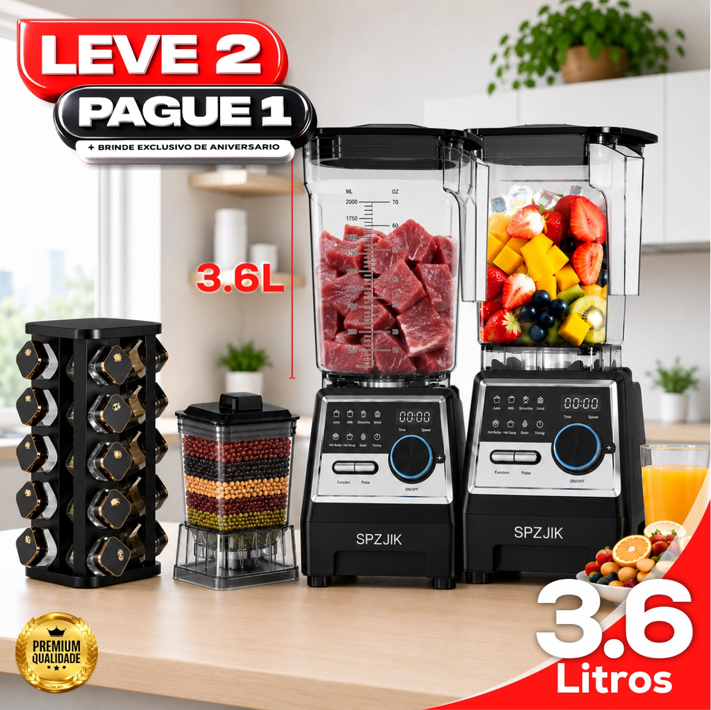 Liquidificador Multiuso MegaMix Com 2 Jarras de Vidro + BRINDE: Porta Tempero Giratório 20 Potes de Vidro  - LEVE 2 PAGUE 1