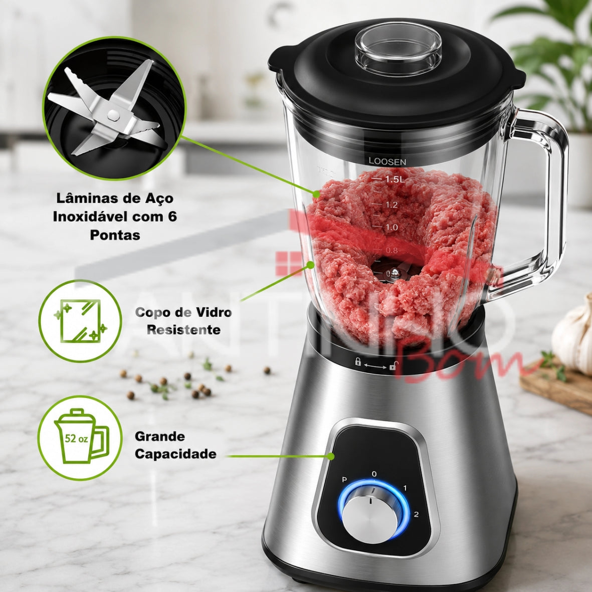 Liquidificador Multiuso Lumax Pro™ Com 2 Jarras de Vidro + BRINDE Porta Tempero Vertical 16 Potes - COMPRE 1 LEVE 2